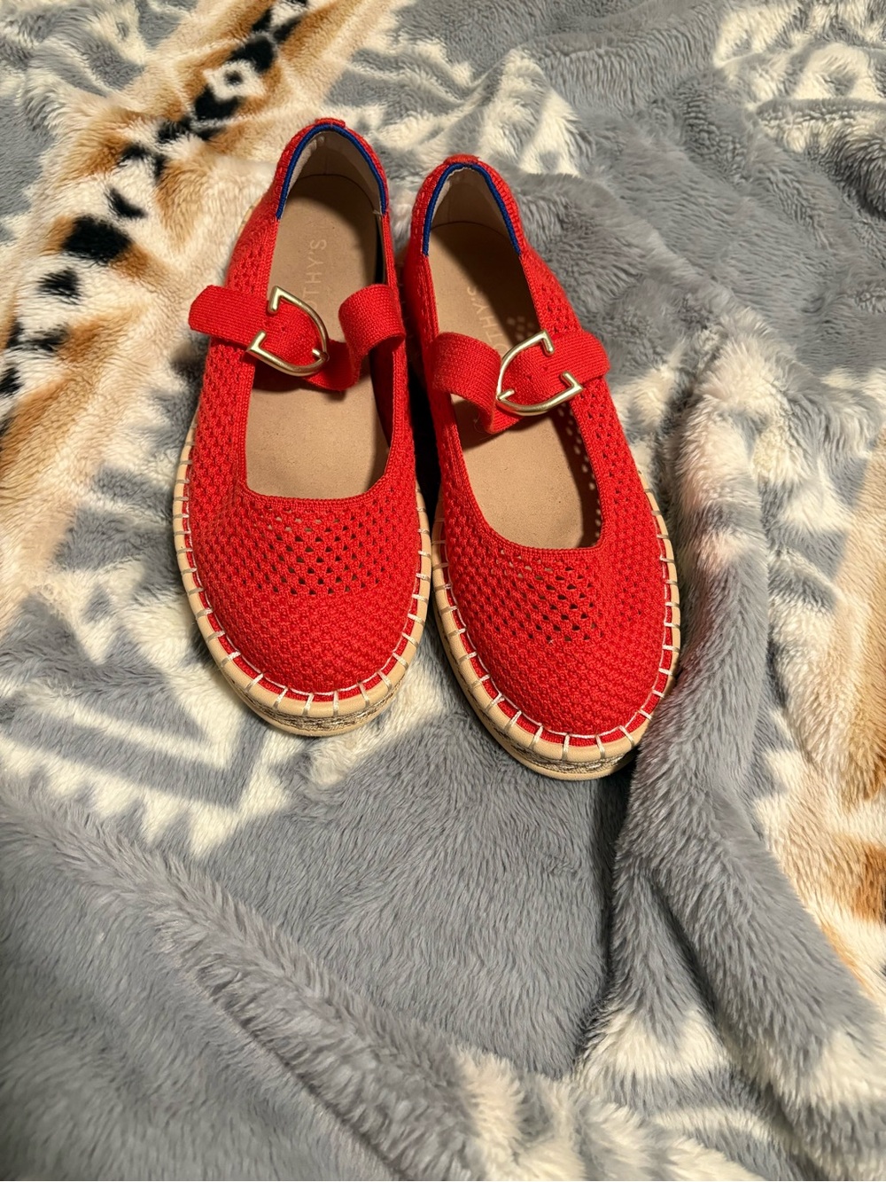 Rothy's Red Knit Mary Jane Espadrilles with Gold Buckle